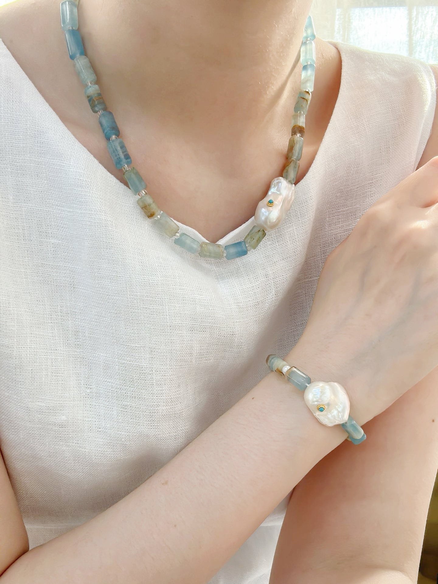 Bold Unique Blue Turquoise Baroque Pearl Necklace Set